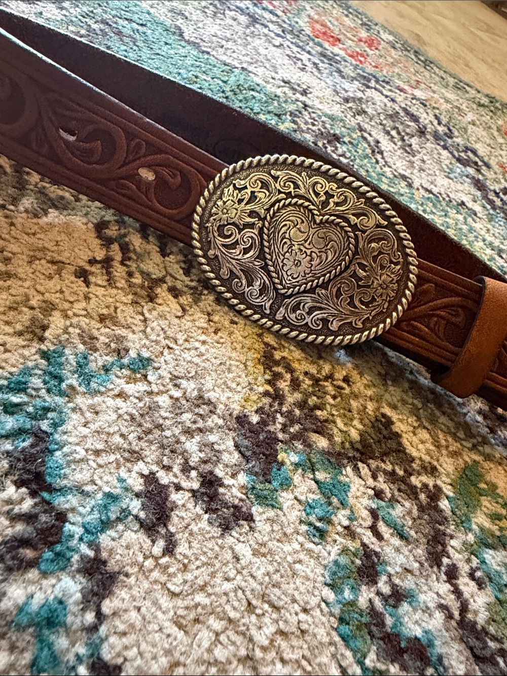 Justin Boots Brown Tooled Leather Belt with Ornate Silver Heart Buckle
